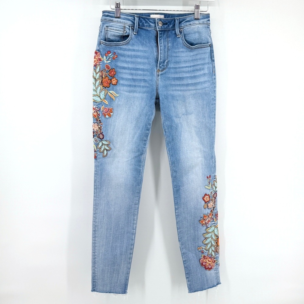 Driftwood Jackie Jeans Floral Embroidered 27 28 Light Blue Women Skinny Raw Hem